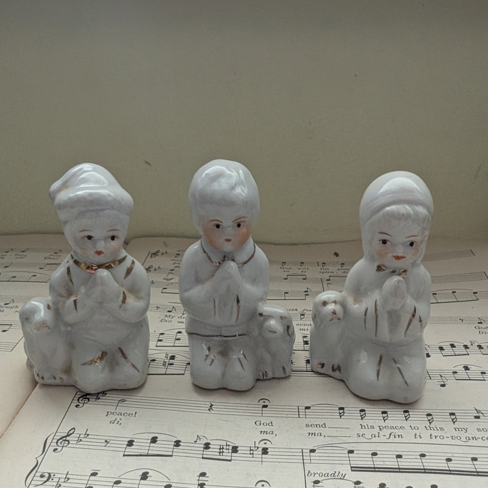 Set of Three White Ceramic Praying Figurines
